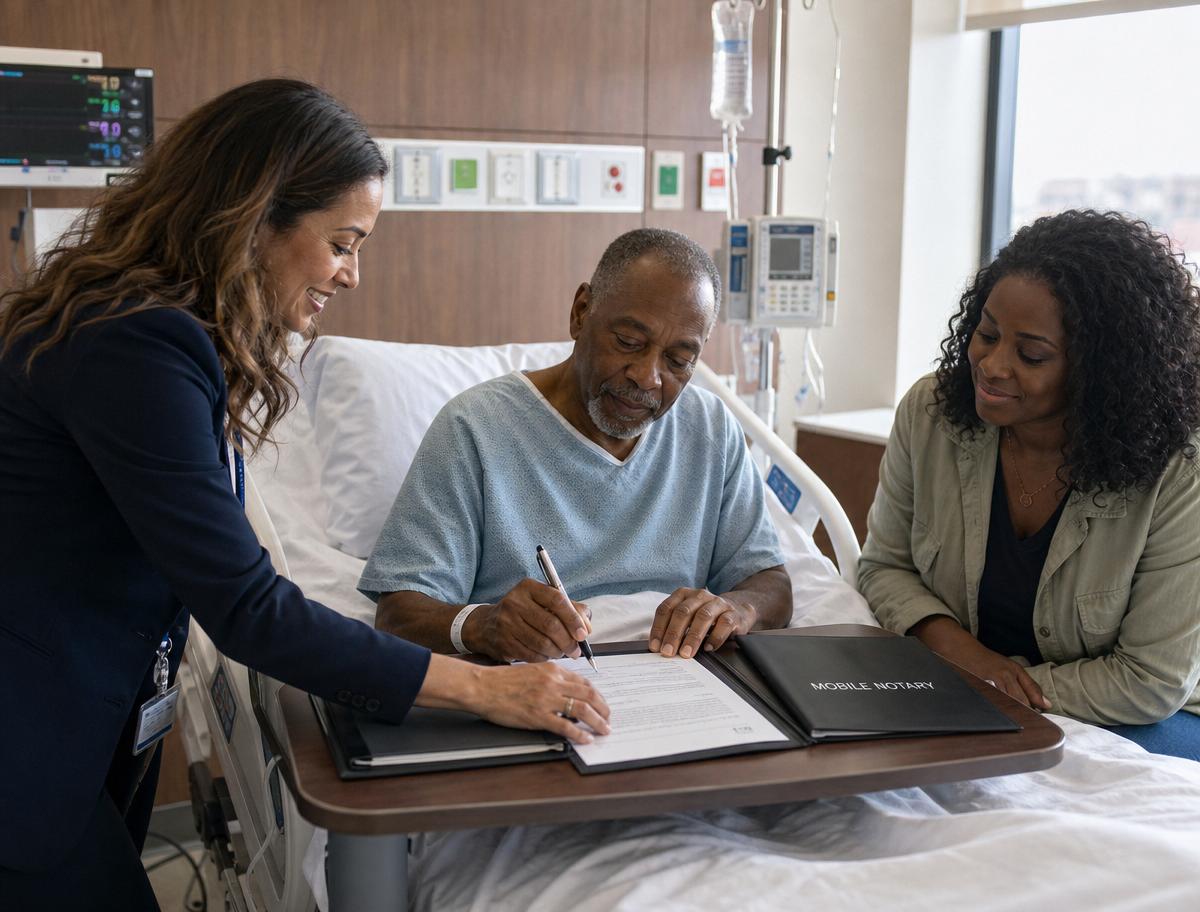Mobile notary assisting a hospital patient with a healthcare directive